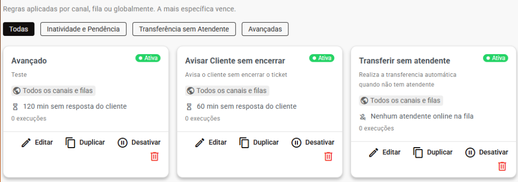Ações nas regras criadas