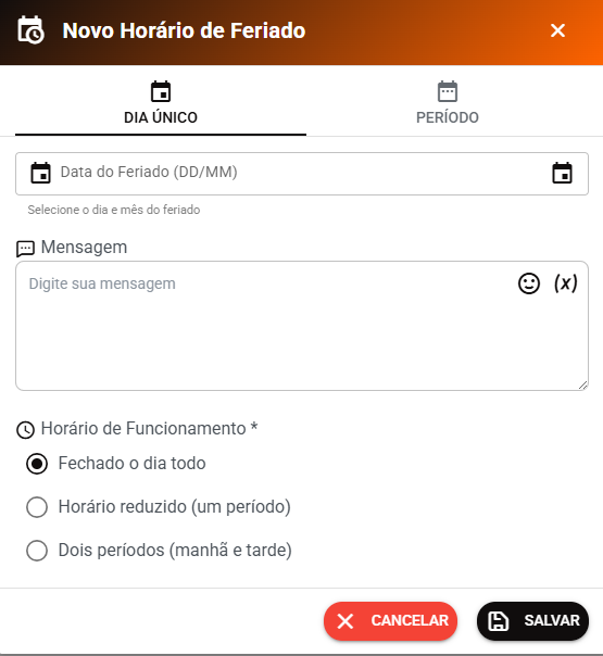 Criando feriado em Dia Único