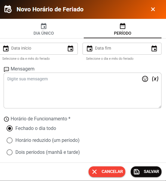 Criando feriado por Período