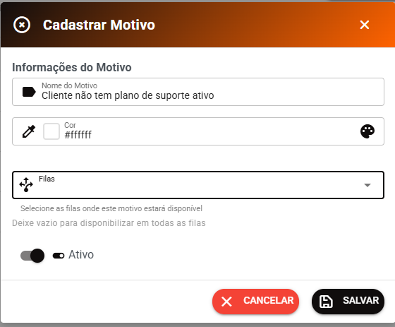 Cadastrar Motivo de Encerramento