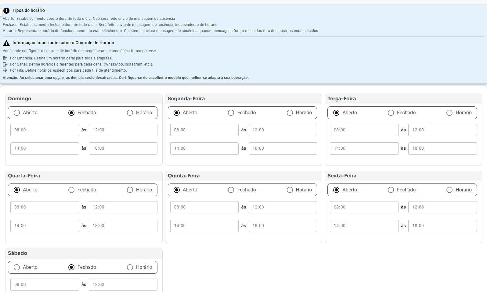 Configurando Horários
