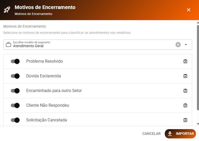 Lista de Motivos e Botão Importar