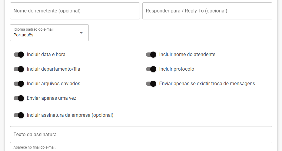 Opções do E-mail