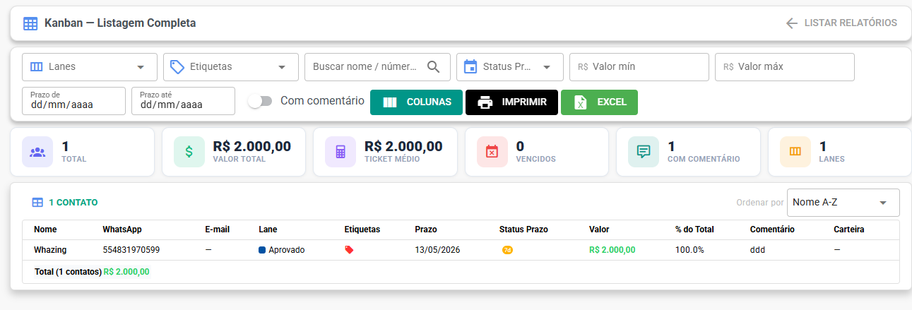 Tela do relatório